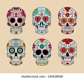 vector illustration set of skulls in mexican tradition