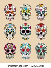 vector illustration set of skulls in mexican tradition