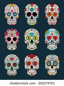 vector illustration set of skulls in mexican tradition