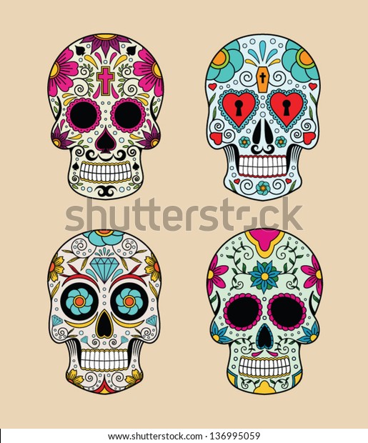 Vector Illustration Set Skulls Mexican Tradition Stock Vector (Royalty ...