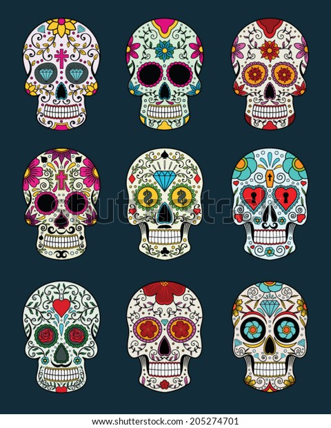 Vector Illustration Set Skulls Mexican Tradition Stock Vector (Royalty ...