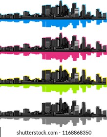 Vector illustration set. Skyline silhouette. City of Los Angeles, California, USA with reflection