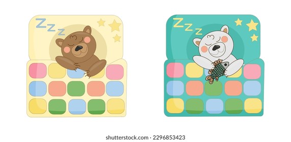vector illustration set of sleeping cartoon baby bears polar and brown under a patchwork quilt blanket in bed