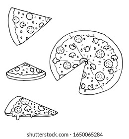 Vector illustration. Set with slices of pizza in different angles silhouette isolated on white background. Hand drawn simple doodle clipart. Perfect for menu, poster, food banner.