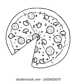 Vector illustration. Set with slices of pizza in different angles silhouette isolated on white background. Hand drawn simple doodle clipart. Perfect for menu, poster, food banner.
