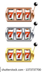 Vector illustration set of slot machine with lucky combination of three sevens in realistic style. Various colors casino one arm bandit gambling fortune jackpot chance isolated on white background.