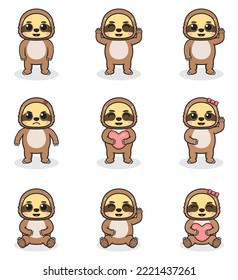 Vector illustration set of Sloth cartoon. Bundle of cute Sloth set. Set of animals. Cartoon and vector isolated characters. A collection of animals in the children's style.