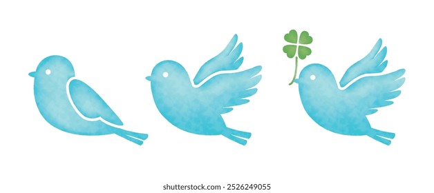 Vector illustration set of a small blue bird flying in the sky and a four-leaf clover.