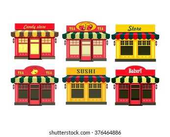 ilustración vectorial de un conjunto de pequeños puestos de compras urbanos en un fondo blanco