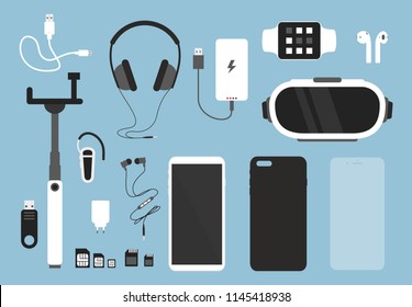 Vector illustration set of smartphone and accessories for it. Phone with case, charger, headphones and protective glass, cover and other things for smartphone in flat cartoon style.