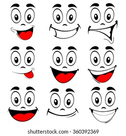 Vector illustration of a set smiling cartoon faces - happy eyes and mouth on white