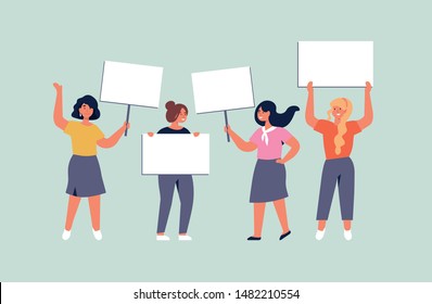 Vector illustration set of smiling young women holding clean placards. People characters demonstrating empty banners