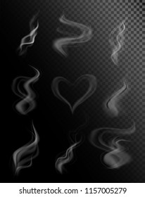 Vector illustration set of smoke or vapor. Steam from a cup of hot coffee or tea isolated on transparent background.