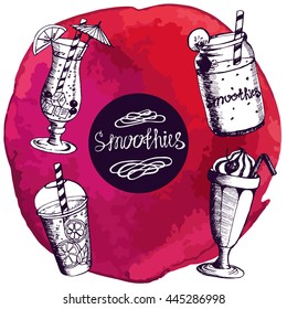 Vector illustration . Set smoothies sketch on watercolor background . Drink . Four object. Elements menu design. Strawberry smoothies