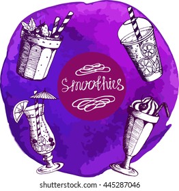 Vector illustration . Set smoothies sketch on watercolor background . Drink . Four object. Elements menu design. Purple