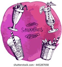 Vector illustration . Set smoothies sketch on watercolor background . Drink . Four object. Elements menu design. lettering