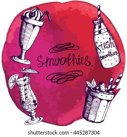 Vector illustration . Set smoothies sketch on watercolor background . Drink . Four object. Elements menu design. Red colour.