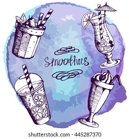 Vector illustration . Set smoothies sketch on watercolor background . Drink . Four object. Elements menu design. Lavender colour.