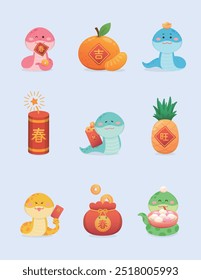 Ilustração vetorial de um conjunto de personagens de cobras ou personagens de desenhos animados com Ano Novo Chinês ou Festival das Lanternas, bolas de arroz laranja e glutinoso, tradução: primavera