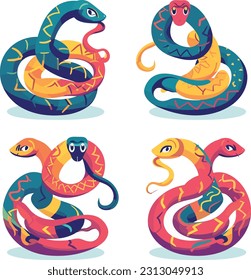 Vector illustration of a set of snakes in a flat design, minimalism style. Diverse colors and patterns of snakes, coral snake, king cobra, and green tree python