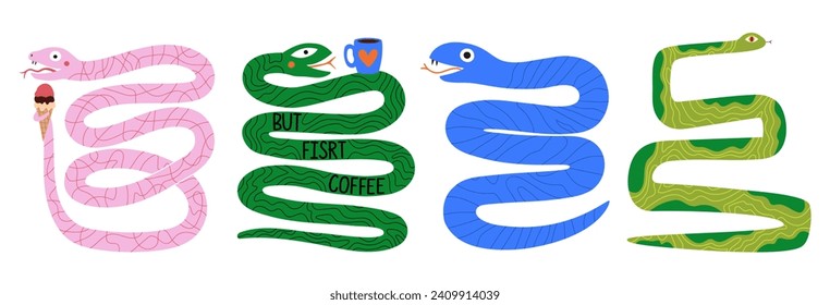 Vector illustration set with snakes, ice cream cone and coffee cup. But first coffee lettering phrase. Trendy colored collection with 2025 Chinese new year symbol, sticker pack template