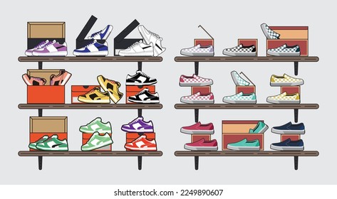 Vector illustration set of sneakers. Collection of sports footwear on the shelf. Fashionable different shoes on shelves of shop or dressing room. Vector.