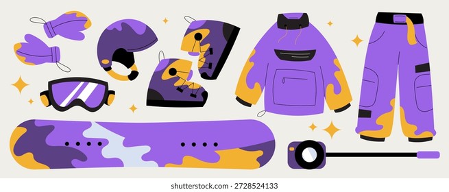 Vektorgrafik-Set von Snowboard-Ausrüstung einschließlich Snowboard, Stiefel, Helm, Brille, Handschuhe und Winteroutfit. Alleinstehende Wintersportausrüstung für Berggebiete, Aktivitäten und Design