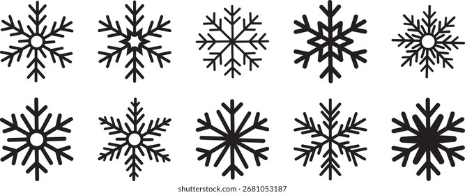 Vector illustration Set of Snowflakes Christmas design. Snowflakes icon set. Snow winter. Cute funny snow flake winter template. Winter icon. Black snowflake icon set line. Snowflakes icons. Isolated.