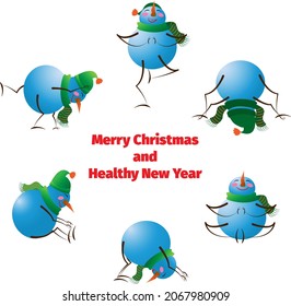 vector illustration. set. snowman does yoga. stands in various poses. sports. winter print. stickers.