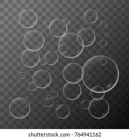 Vector illustration of a set of soap bubbles with reflection isolated on a transparent background