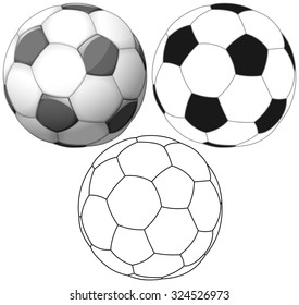 Vector illustration set of soccer ball colored black and white and outline.