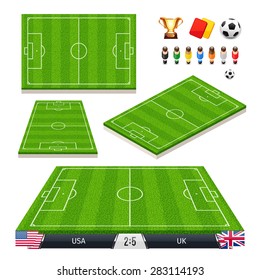 Vector Illustration of a set of Soccer Fields in Four Different Positions with Icons for Your Sports Apps or other Projects. Isolated on white background.