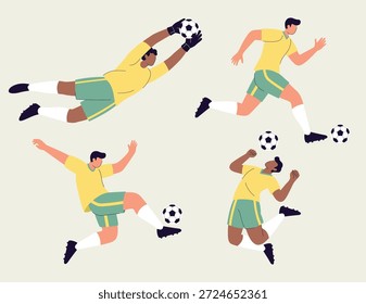 Ilustración vectorial Guardar conjunto de jugadores de fútbol en poses de acción dinámica, incluyendo correr, patear, saltar, cabecear y portero. Personajes modernos planos con uniformes amarillos y verdes, aislados sobre fondo claro.