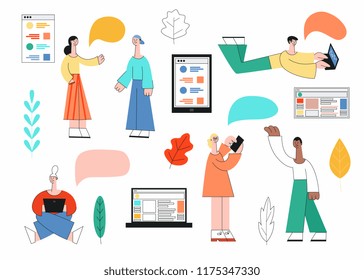 Vector illustration set of social online and live communication concept in trendy flat style. Various people talking and corresponding with computer devices isolated on white background.