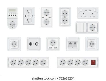 Vector illustration. Set of sockets and switches.