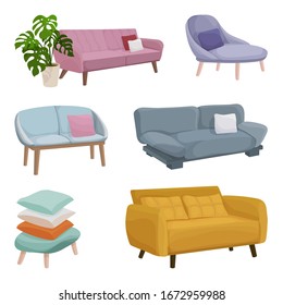 Vector illustration set sofas side view in cartoon style. Couches, chairs and flower pot with monstera leaves. Furniture for interior Isolated on a white background.