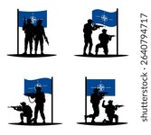 Vector illustration set of soldiers standing and kneeling with weapons, army silhouettes in front of the NATO flag. Alliance military cooperation and collective defense concept. Transparent background