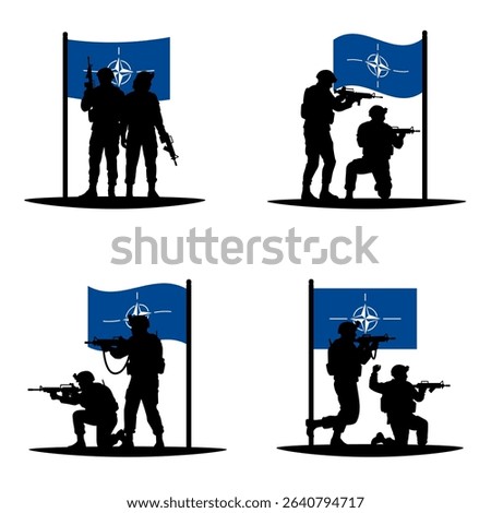 Vector illustration set of soldiers standing and kneeling with weapons, army silhouettes in front of the NATO flag. Alliance military cooperation and collective defense concept. Transparent background
