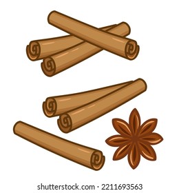 Vector illustration set of some ingredients for mulled wine spices. Cinnamon sticks and star anise