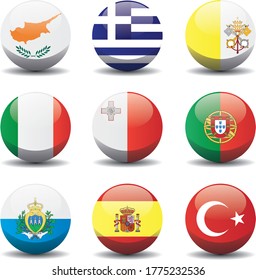 Vector illustration set of southern european flags. Europe countries circle button 3d symbol. 