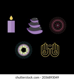 Conjunto de ilustraciones vectoriales de logotipos spa y masaje. Colección mínima de iconos espirituales y herramientas de curación, símbolos de mandala, aislados en fondo negro