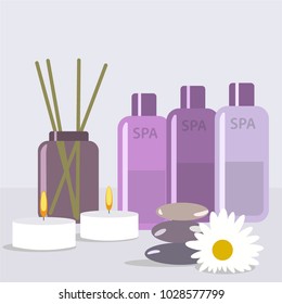 Vector illustration, set for spa treatments with aromatic salt , massage oil, candles advertising poster for the spa salon.