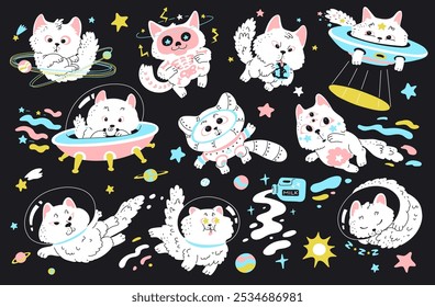 A vector illustration of a set of space cats features fluffy white characters doing various activities in space. Ideal for stickers with an isolated black background. Flat style.