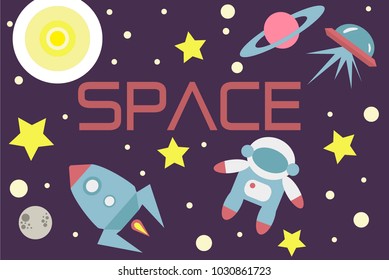 Vector illustration. Set space. Planet, stars, astronaut, rocket on a dark background.