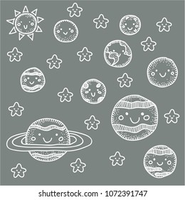 Vector illustration. Set of space: smiling planets and stars on a grey background.