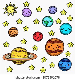 Vector illustration. Set of space: solar system, planets and stars.