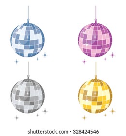 Vector illustration set of sparkling disco balls blue, purple, gold and silver. Flat icon. 