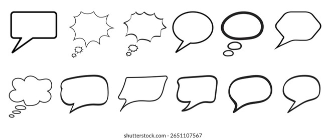 Um conjunto de ilustrações vetoriais de bolhas de fala para quadrinhos e diálogos, elementos de comunicação. Bolhas de fala, nuvens de pensamento, falar