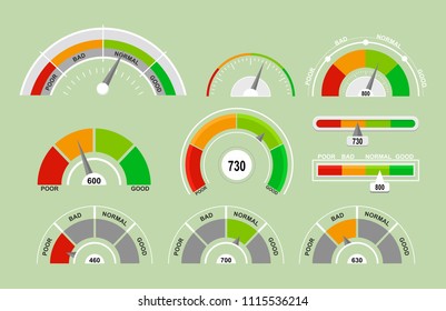 Vector illustration set of speedometers measuring icons. Indicators collection with different pointers in flat cartoon style.