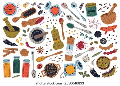 Vector illustration set of spices, herbs, and seasonings for cooking. Turmeric, chili, saffron, mortar and grinder, jars with various spice, spoons, and more. Flat cartoon doodle, culinary ingredients